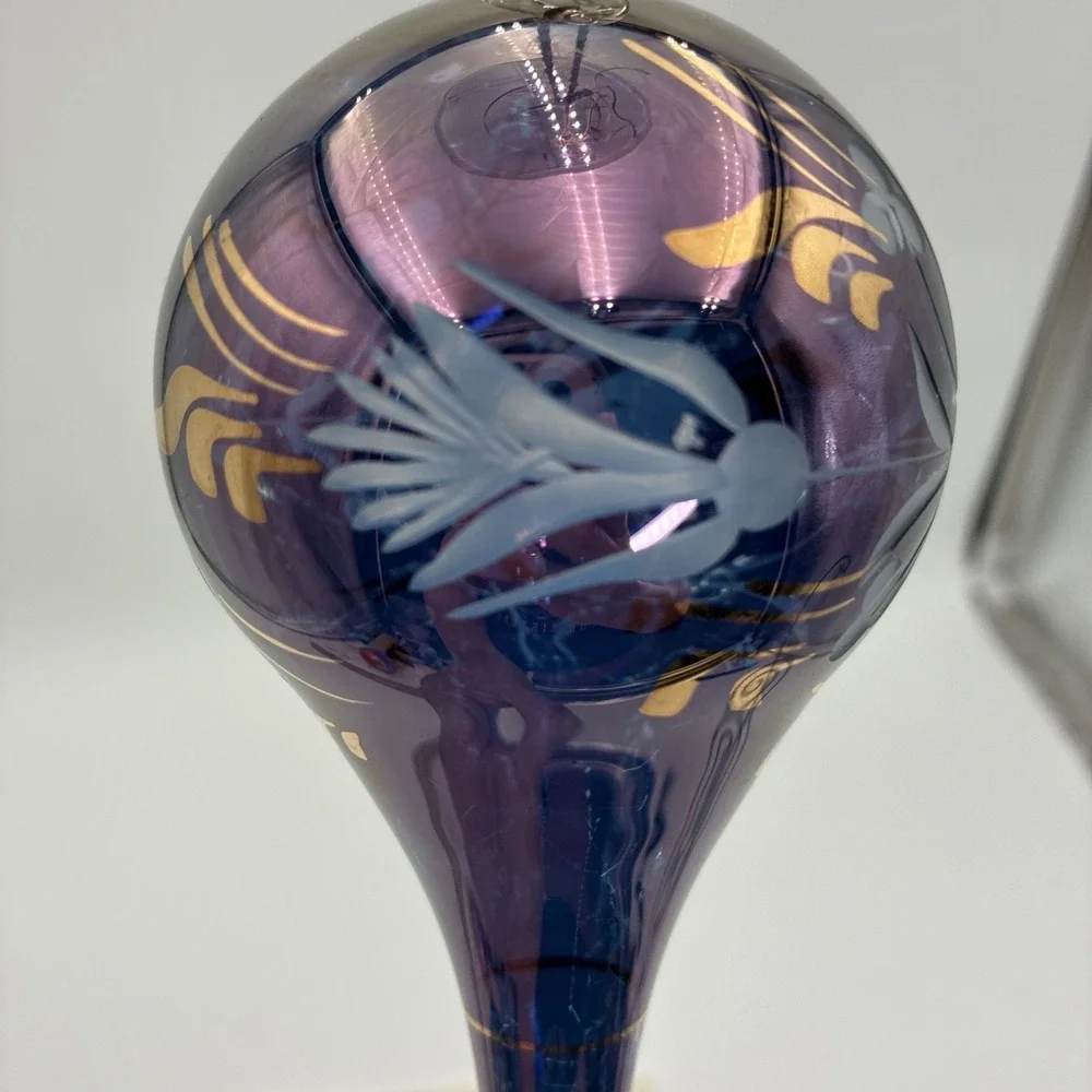 Vintage Purple Iridescent Hand Blown Glass Teardrop Ornament Gold Floral 8.5